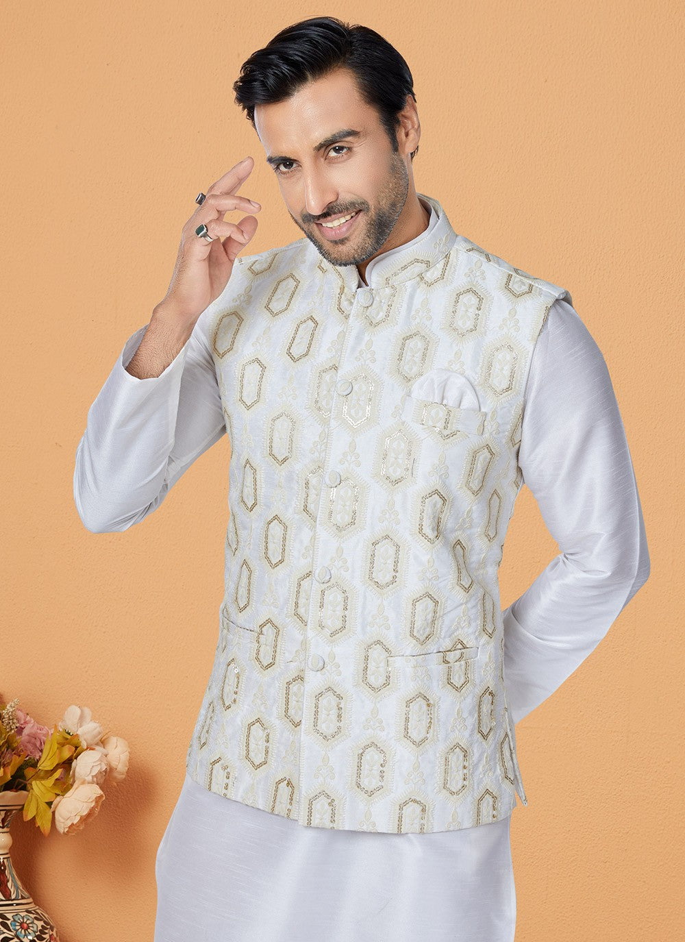 Fancy Work Banarasi Silk Off White Kurta Payjama With Jacket - M5334