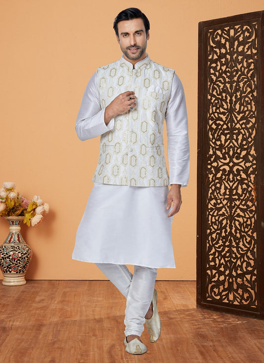 Fancy Work Banarasi Silk Off White Kurta Payjama With Jacket - M5334