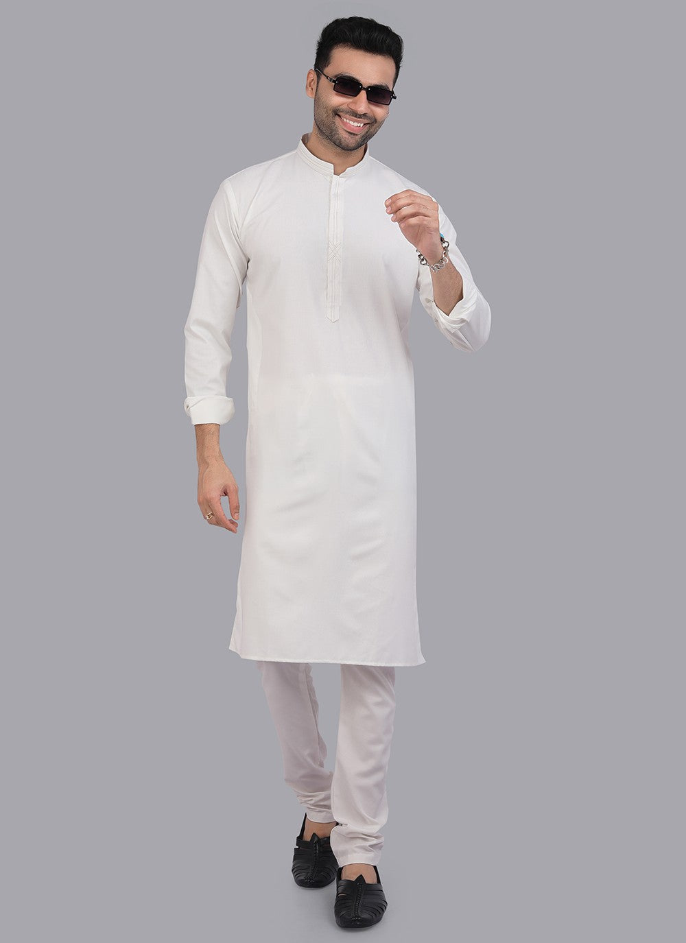 Plain Art Silk Off White Kurta Pyjama - M6721