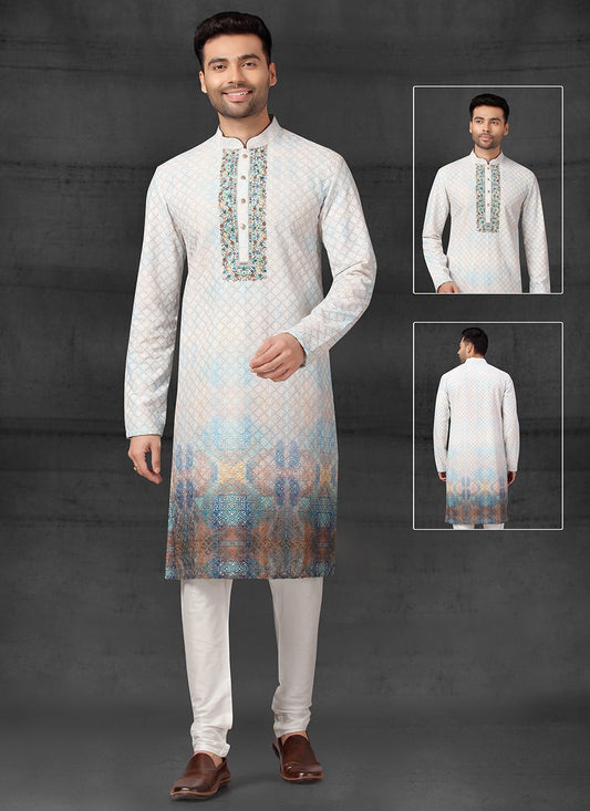 Thread Cotton Silk Off White Kurta Pyjama - M4091