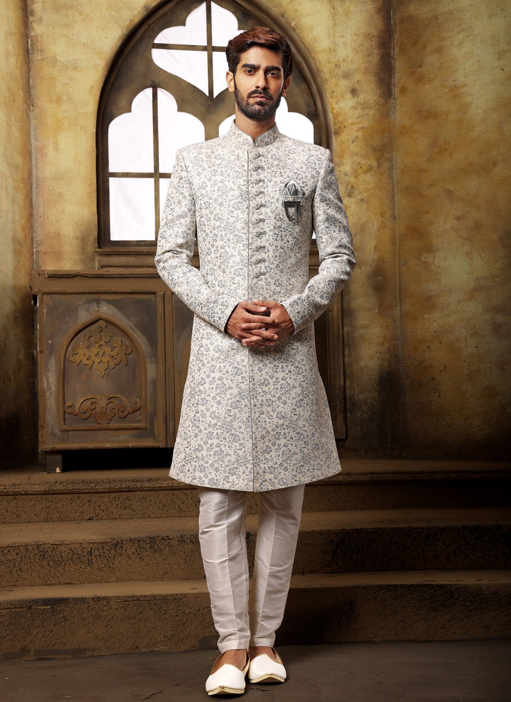 Jacquard Work Imported Off White Indo Western Sherwani - M4004