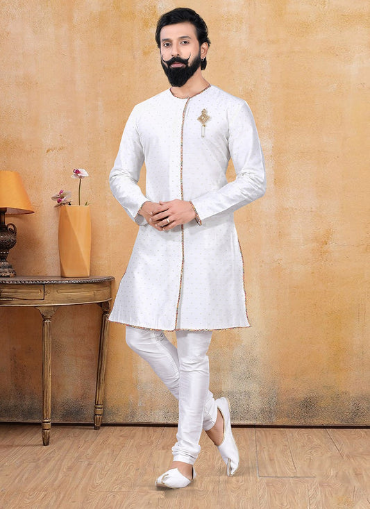 Fancy Work Chanderi Silk Off White Kurta Pyjama - M3382