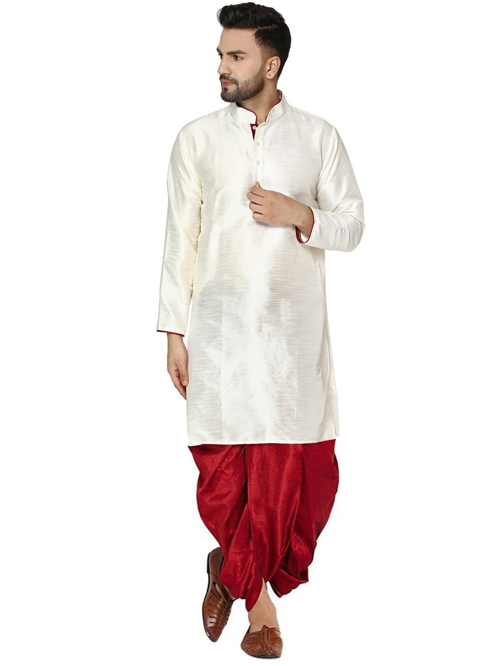 Plain Dupion Silk Off White Dhoti Kurta - M2798