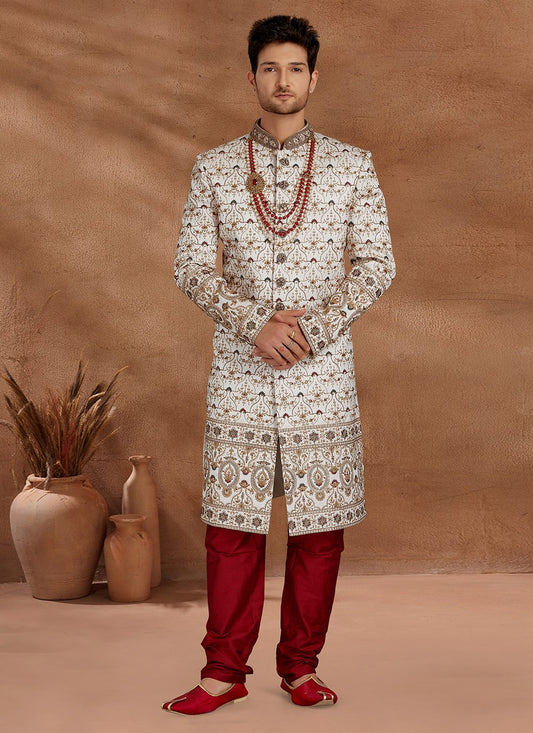 Embroidered Fancy Fabric Off White Indo Western Sherwani - M2792