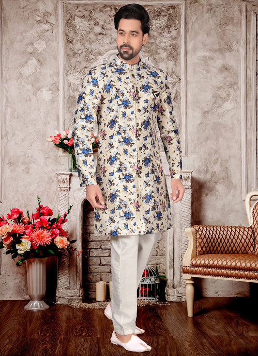 Digital Print Fancy Fabric Off White Indo Western Sherwani - M2987