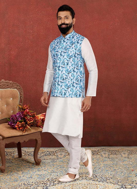 Printed Cotton , Dupion Silk Off White Kurta Payjama With Jacket - M2548