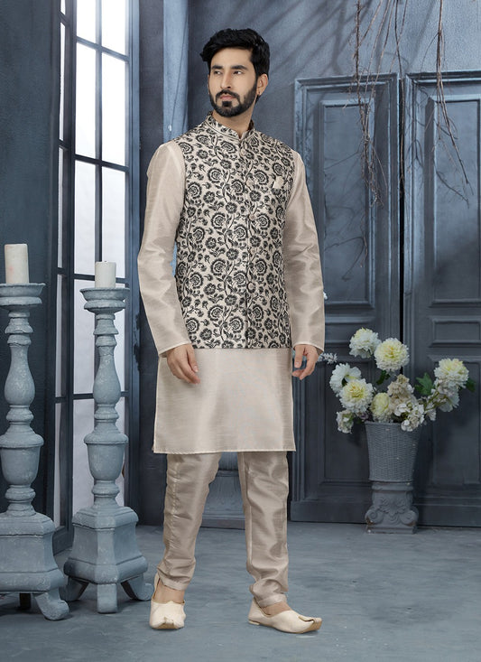 Printed Dupion Silk Off White Kurta Payjama With Jacket - M2901