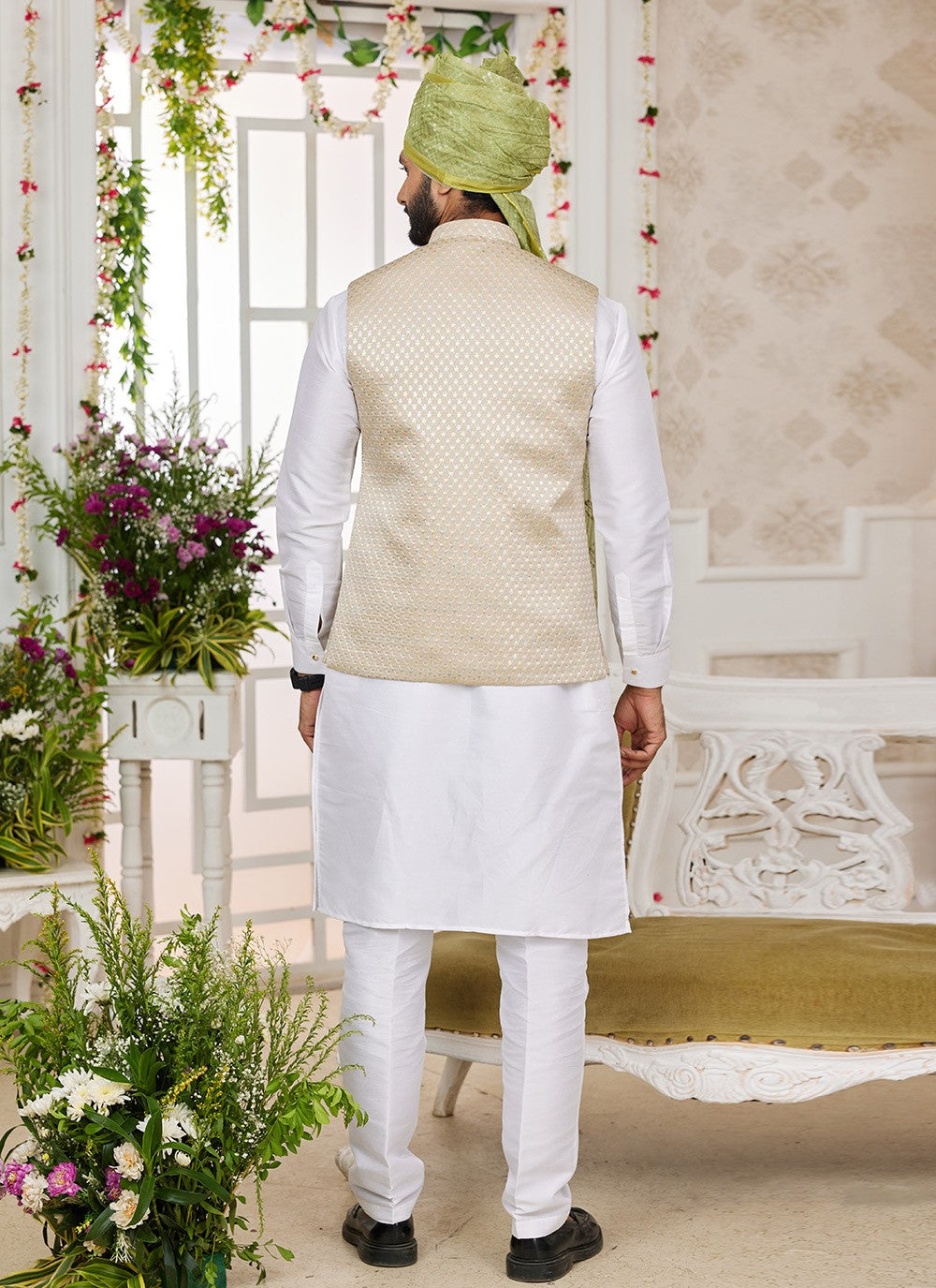 Machine Embroidery Banarasi Silk Off White Kurta Payjama With Jacket - M8750