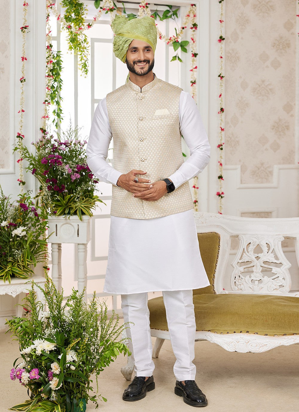 Machine Embroidery Banarasi Silk Off White Kurta Payjama With Jacket - M8750