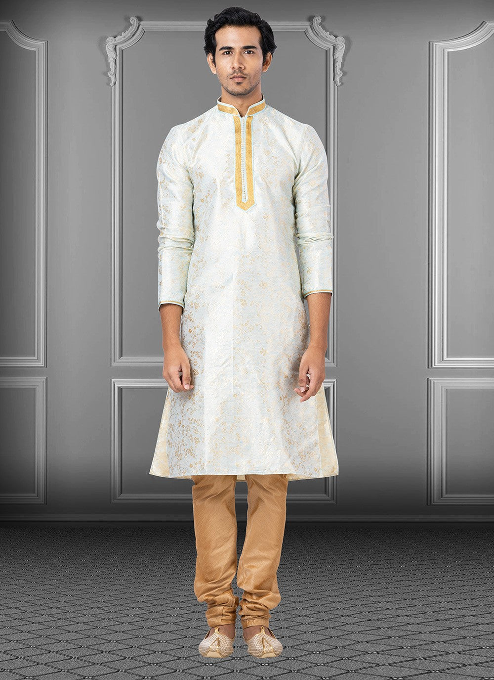 Fancy Work Linen, Silk Off White Kurta Pyjama - M3666