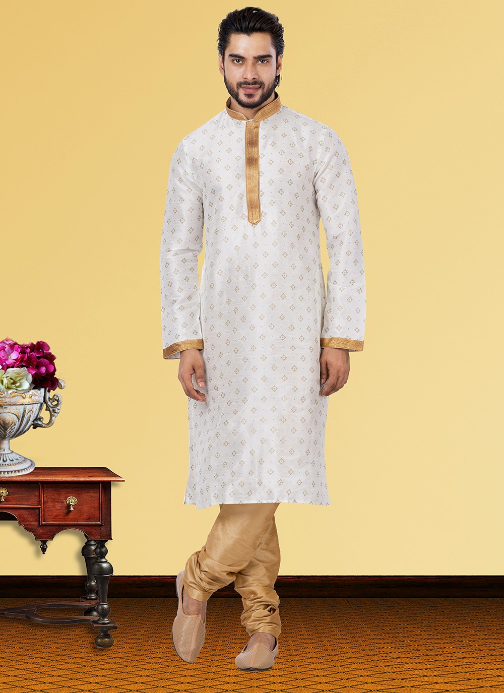 Printed Dupion Silk Off White Kurta Pyjama - M3692