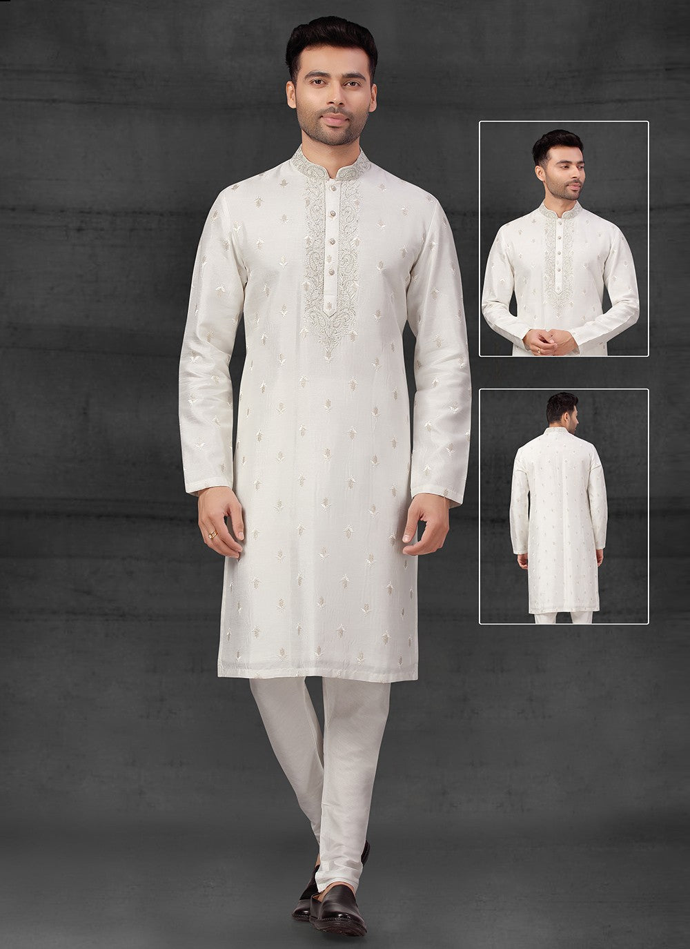 Thread Silk Off White Kurta Pyjama - M4093