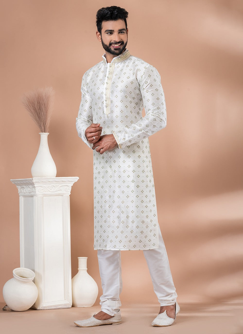 Fancy Work Dupion Silk Off White Kurta Pyjama - M6969