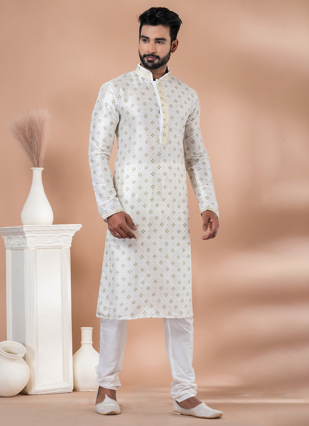 Fancy Work Dupion Silk Off White Kurta Pyjama - M6969