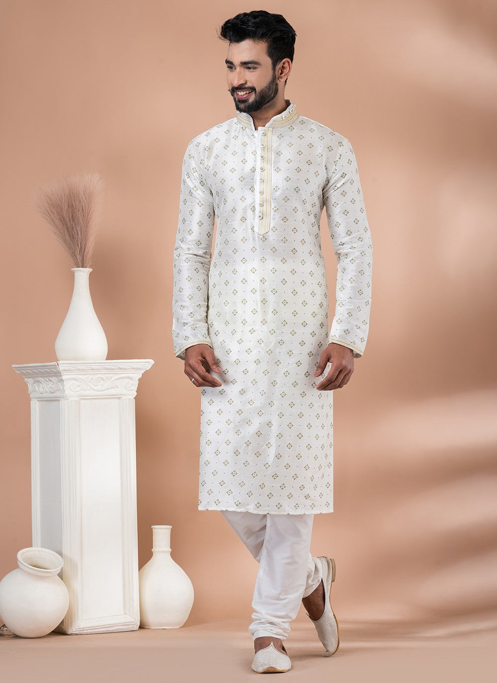 Fancy Work Dupion Silk Off White Kurta Pyjama - M6969