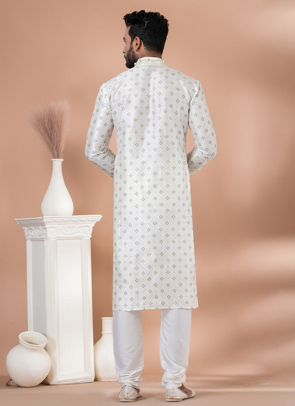 Fancy Work Dupion Silk Off White Kurta Pyjama - M6969