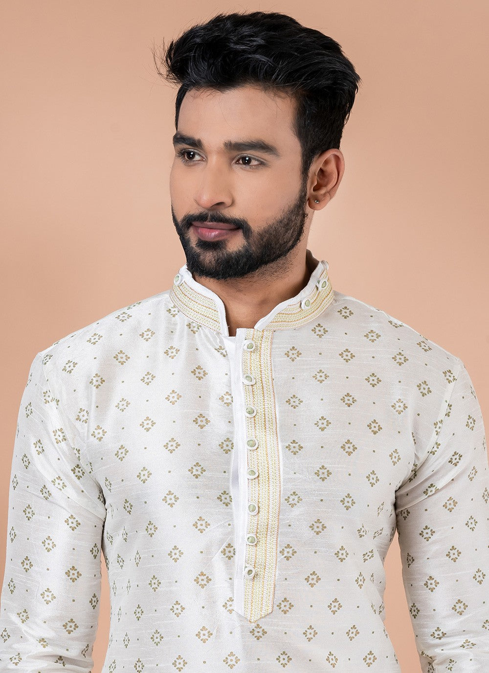 Fancy Work Dupion Silk Off White Kurta Pyjama - M6969