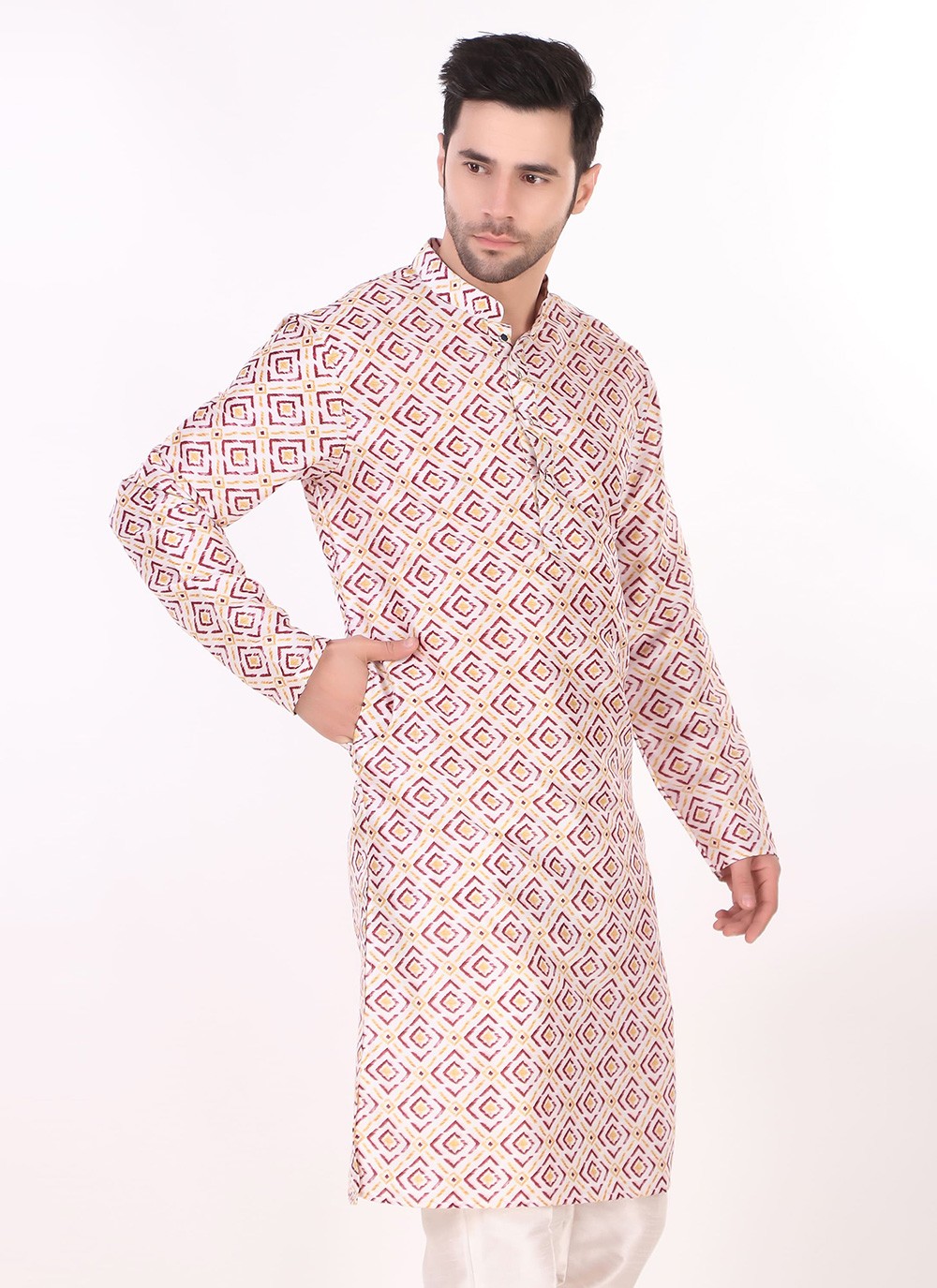 Printed Art Silk Off White Kurta Pyjama - M8272