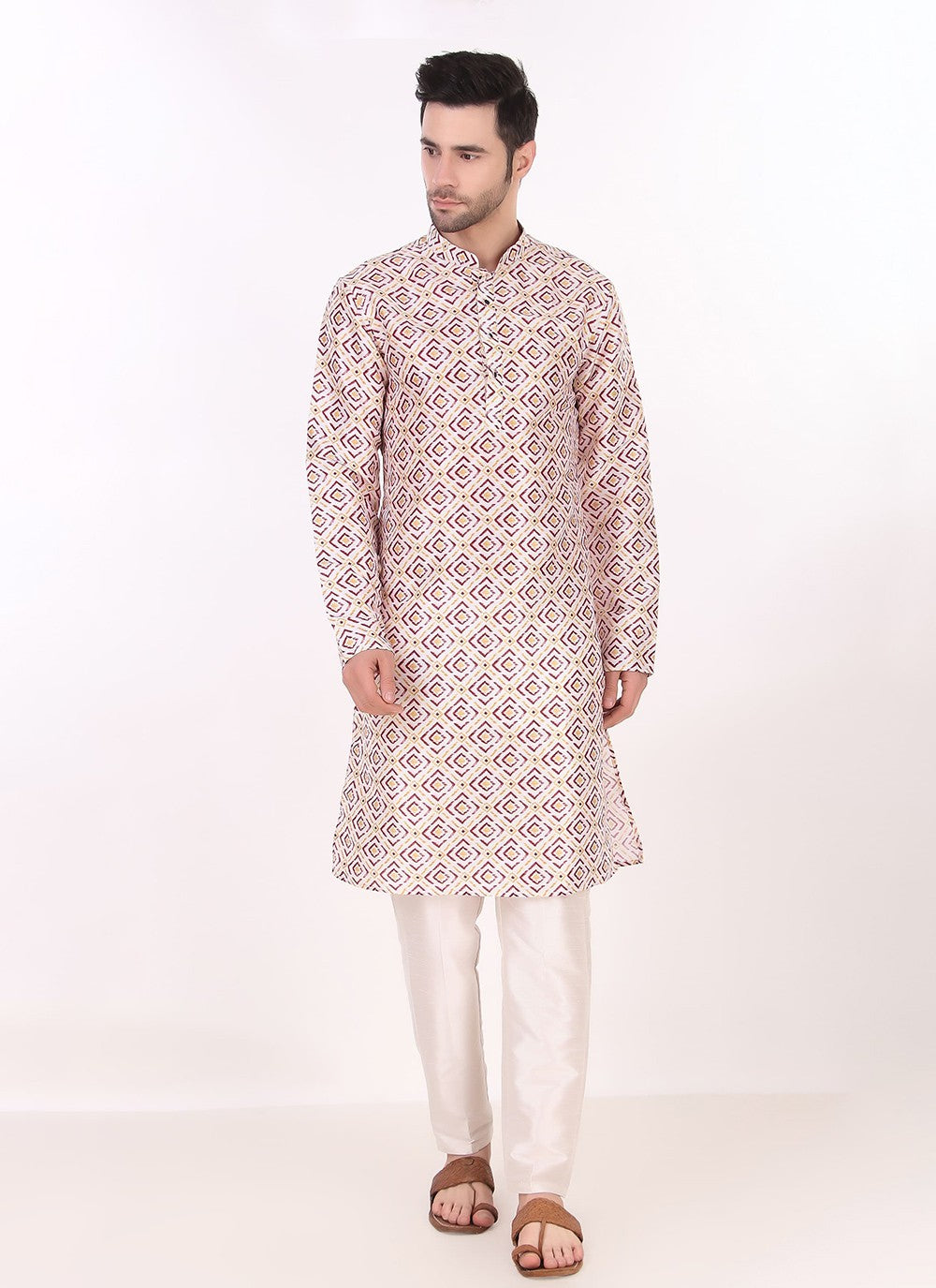 Printed Art Silk Off White Kurta Pyjama - M8272