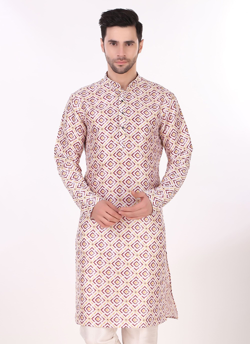 Printed Art Silk Off White Kurta Pyjama - M8272