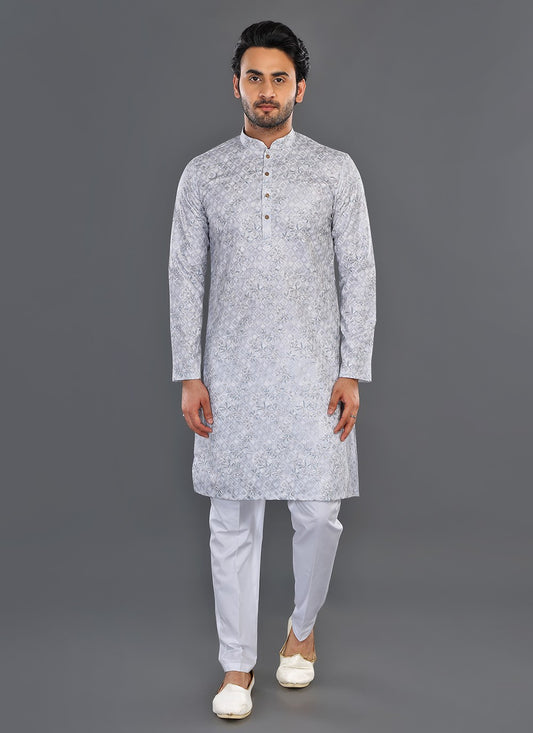 Printed Cotton Off White Kurta Pyjama - M8066