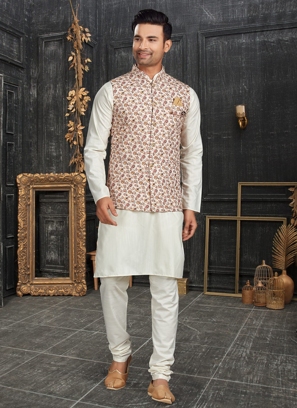 Chicken Cotton Off White Kurta Payjama With Jacket - M4629