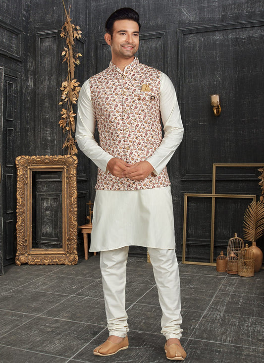 Chicken Cotton Off White Kurta Payjama With Jacket - M4629