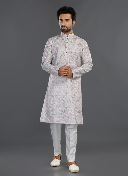 Printed Cotton Off White Kurta Pyjama - M8065