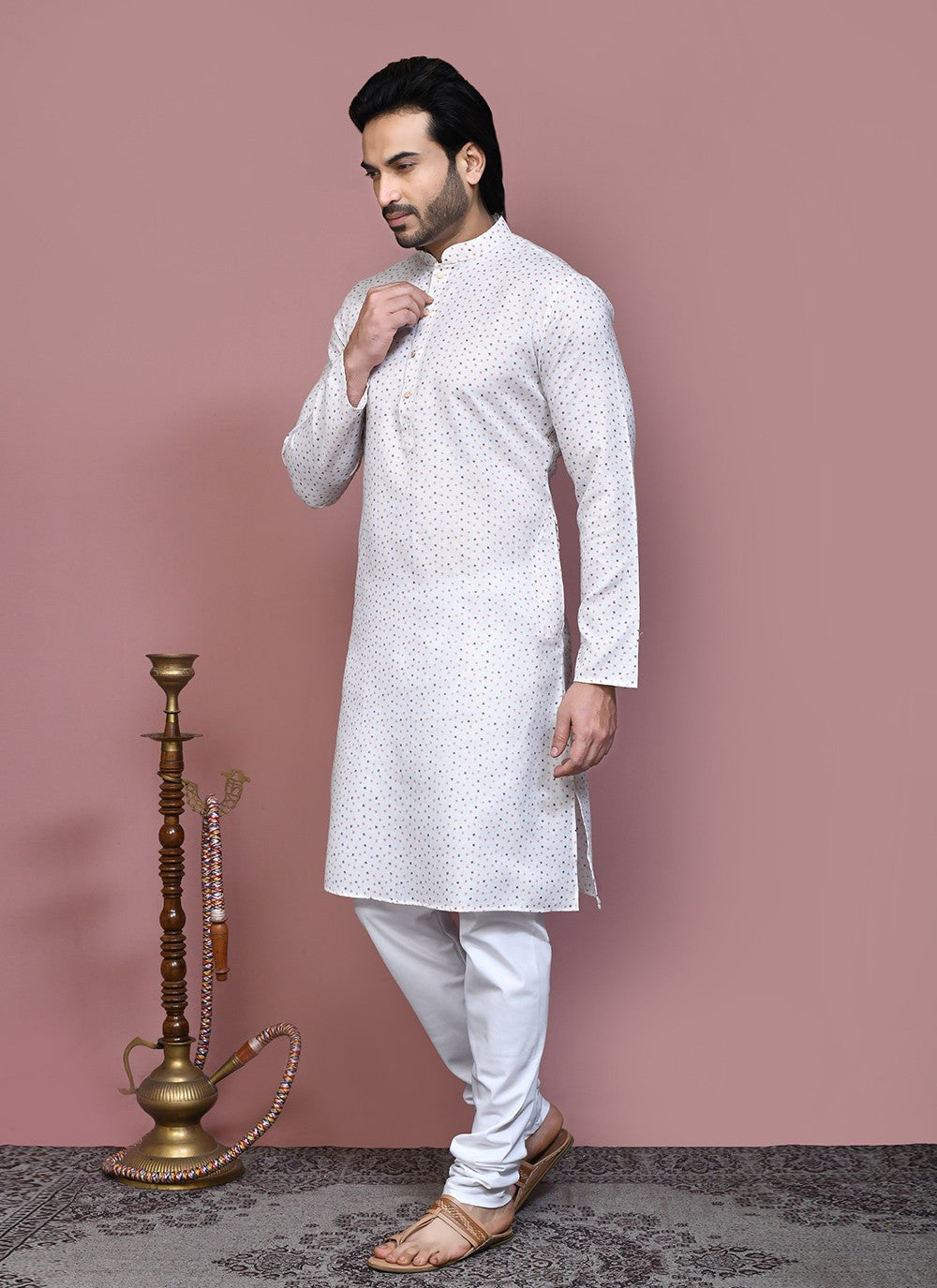 Printed Cotton Off White Kurta Pyjama - M7917