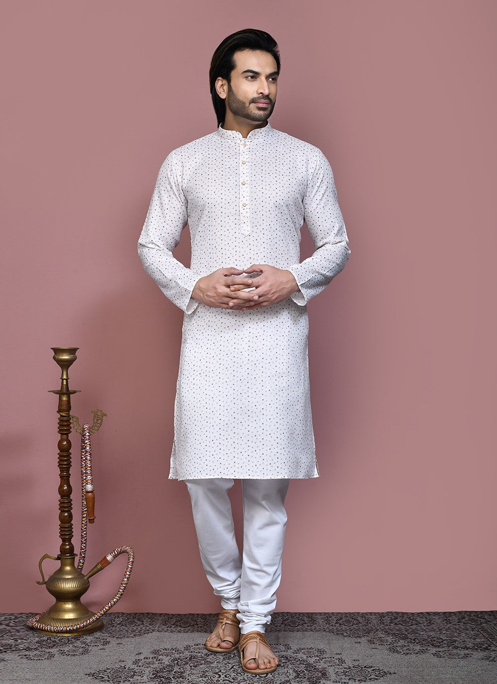 Printed Cotton Off White Kurta Pyjama - M7917