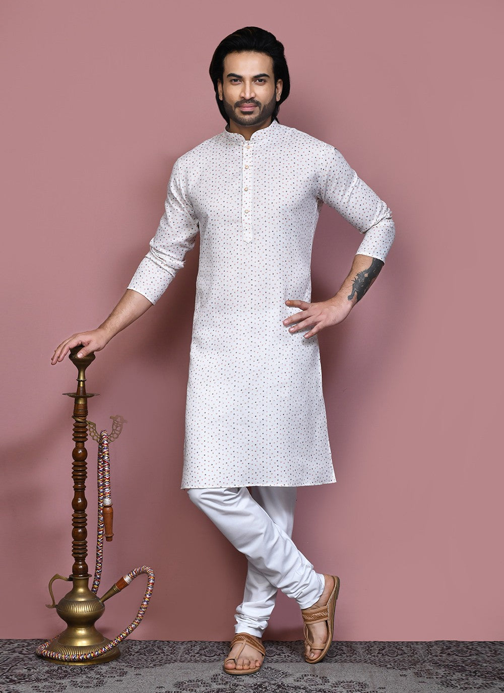 Printed Cotton Off White Kurta Pyjama - M7917