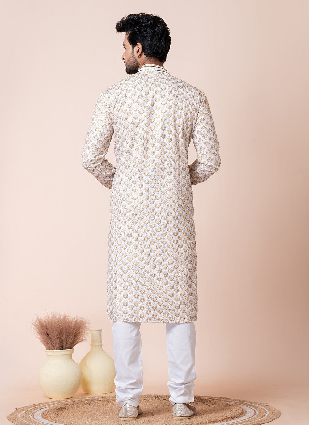 Printed Cotton Off White Kurta Pyjama - M8569