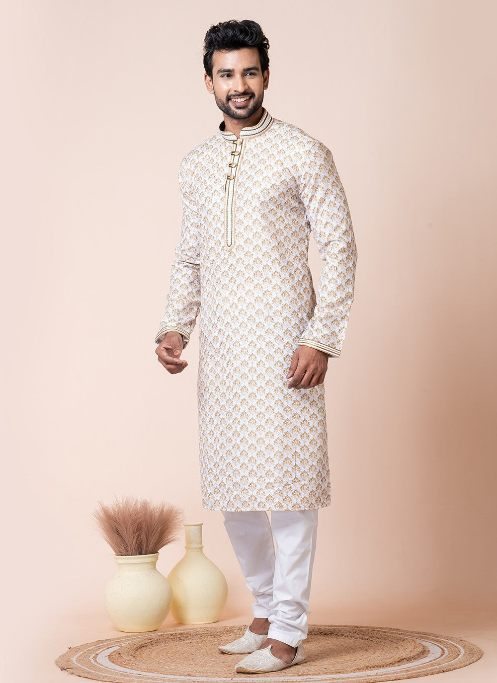 Printed Cotton Off White Kurta Pyjama - M8569