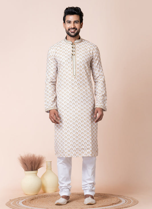 Printed Cotton Off White Kurta Pyjama - M8569