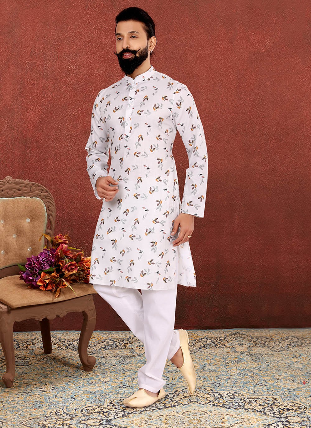 Digital Print Cotton Off White Kurta Pyjama - M2593