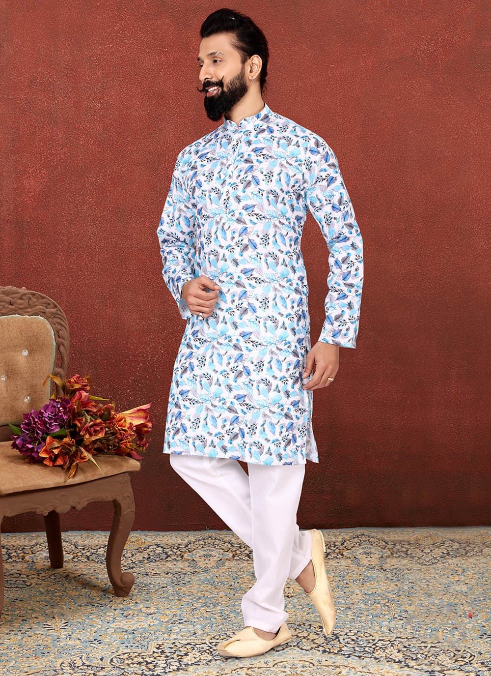 Digital Print Cotton Off White Kurta Pyjama - M2584