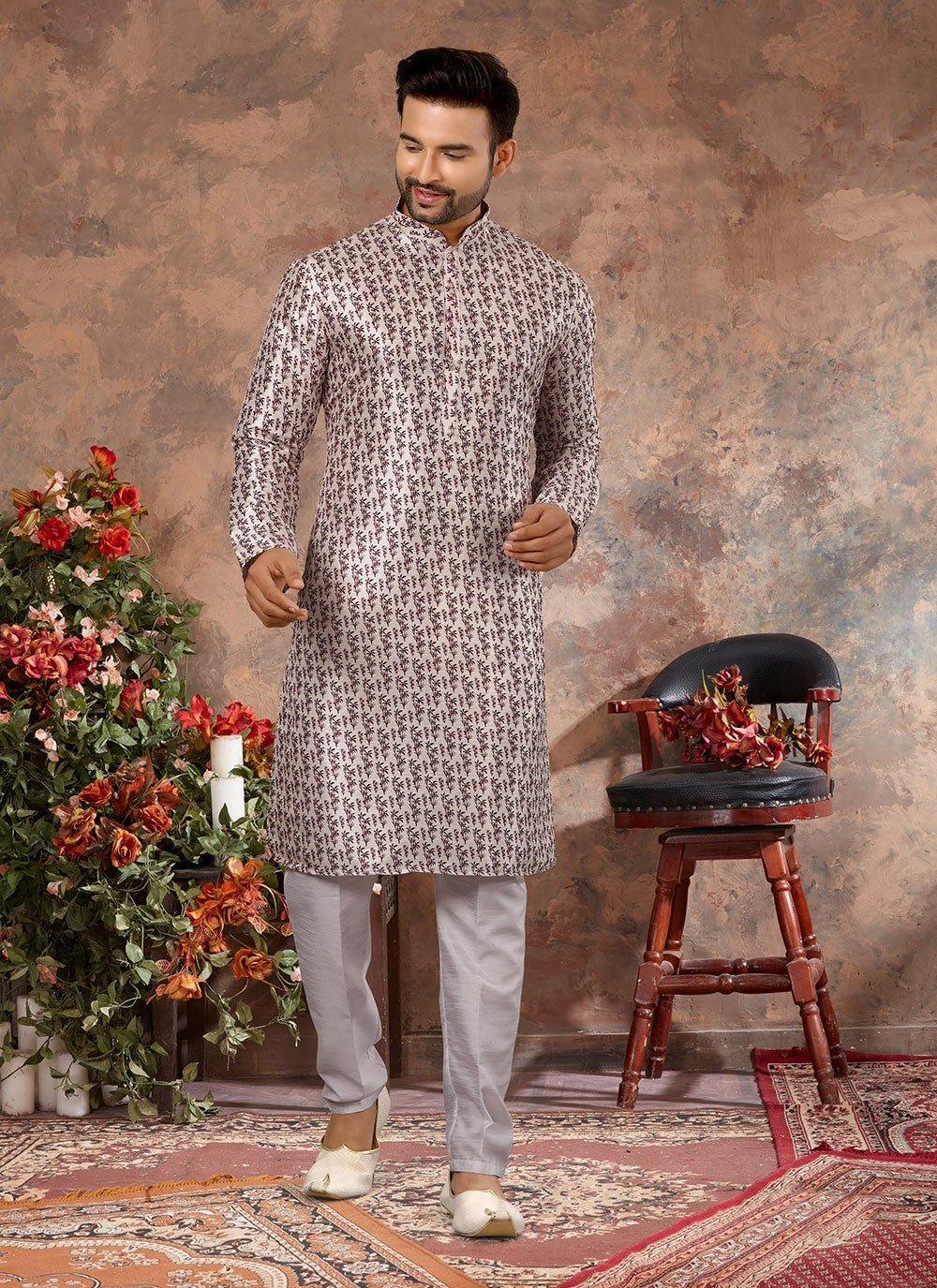 Digital Print Silk Off White Kurta Pyjama - M3026