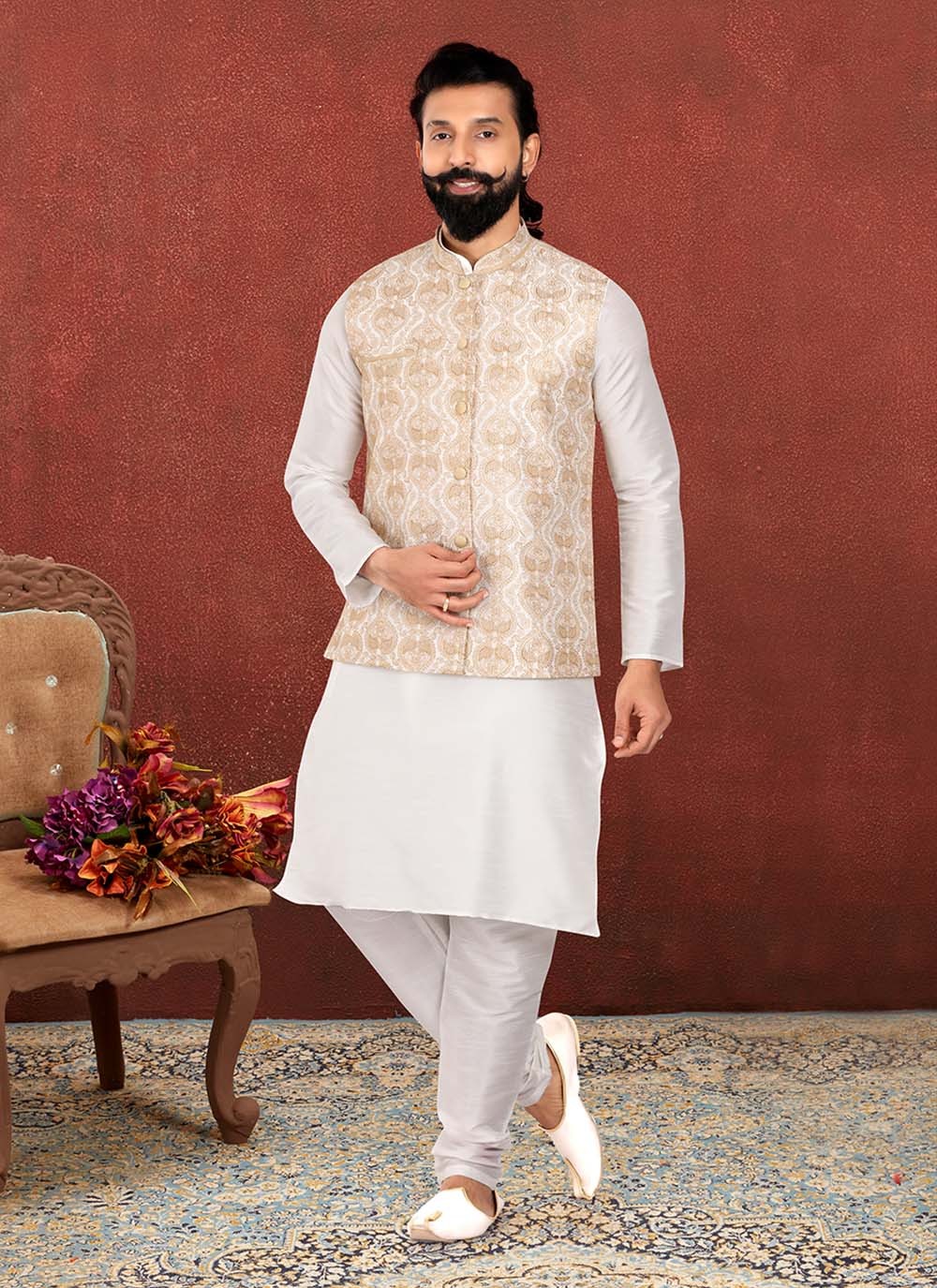 Embroidered Dupion Silk Off White Kurta Payjama With Jacket - M2553