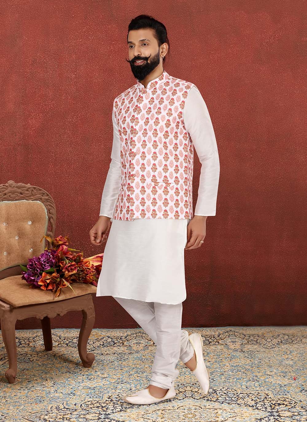 Jacquard Work Cotton , Dupion Silk Off White Kurta Payjama With Jacket - M2547