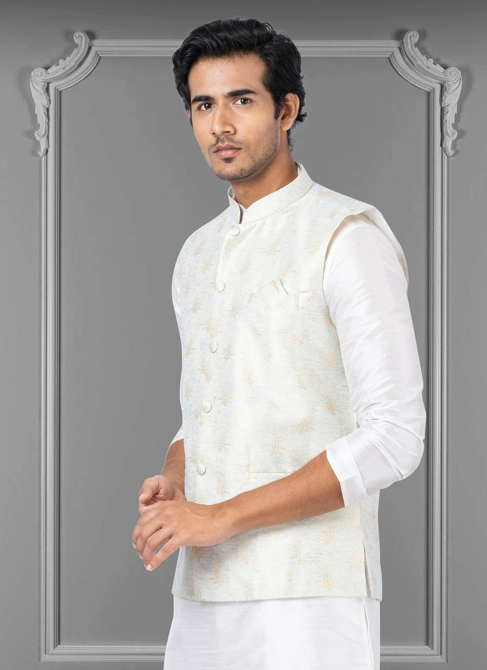 Embroidered Linen, Silk Off White Nehru Jackets - M3813