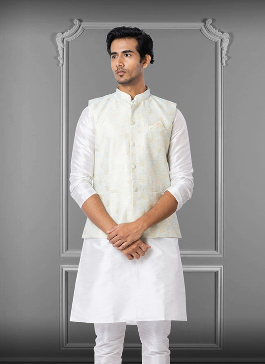 Embroidered Linen, Silk Off White Nehru Jackets - M3813