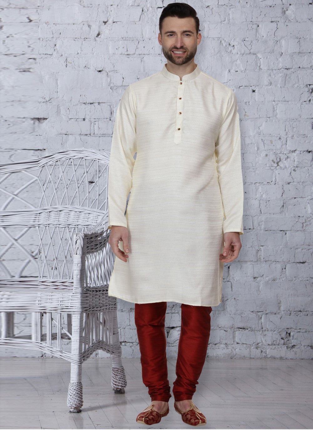 Embroidered Bhagalpuri Silk Off White Kurta Pyjama - M1073