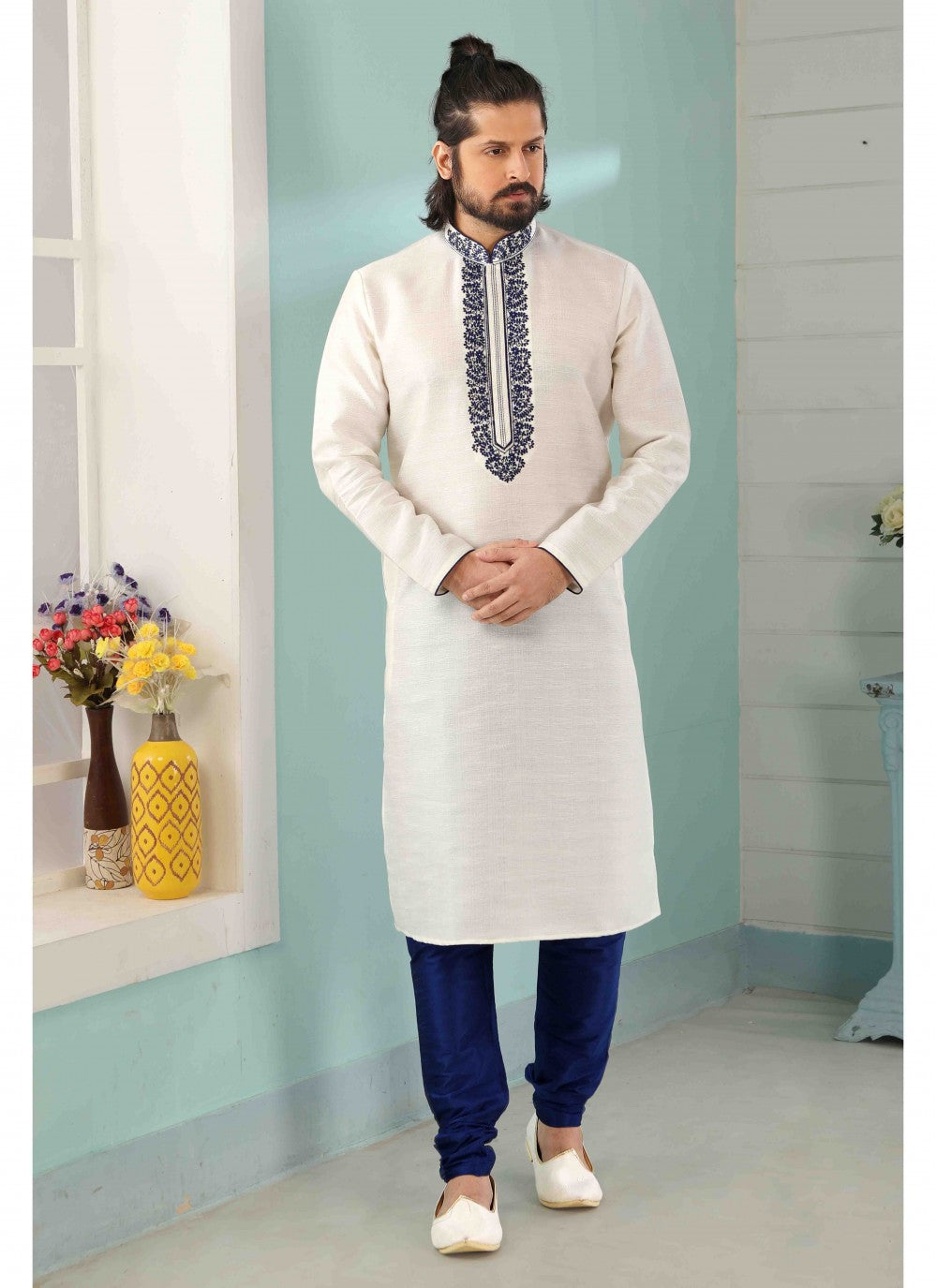 Embroidered Banarasi Silk Off White Kurta Pyjama - M1791