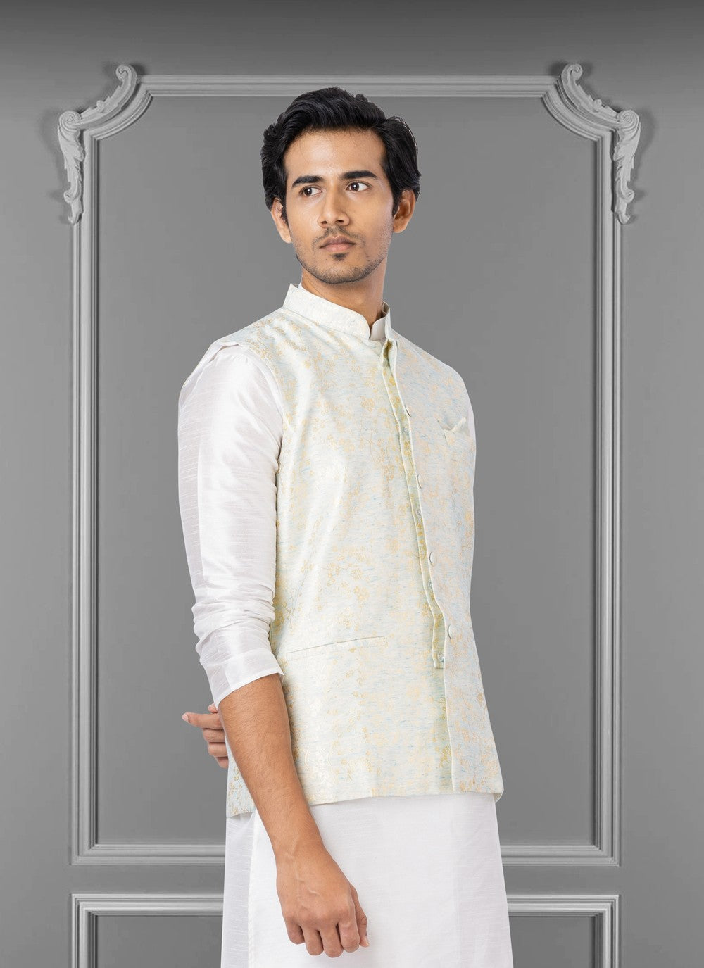 Embroidered Linen, Silk Off White Nehru Jackets - M3811