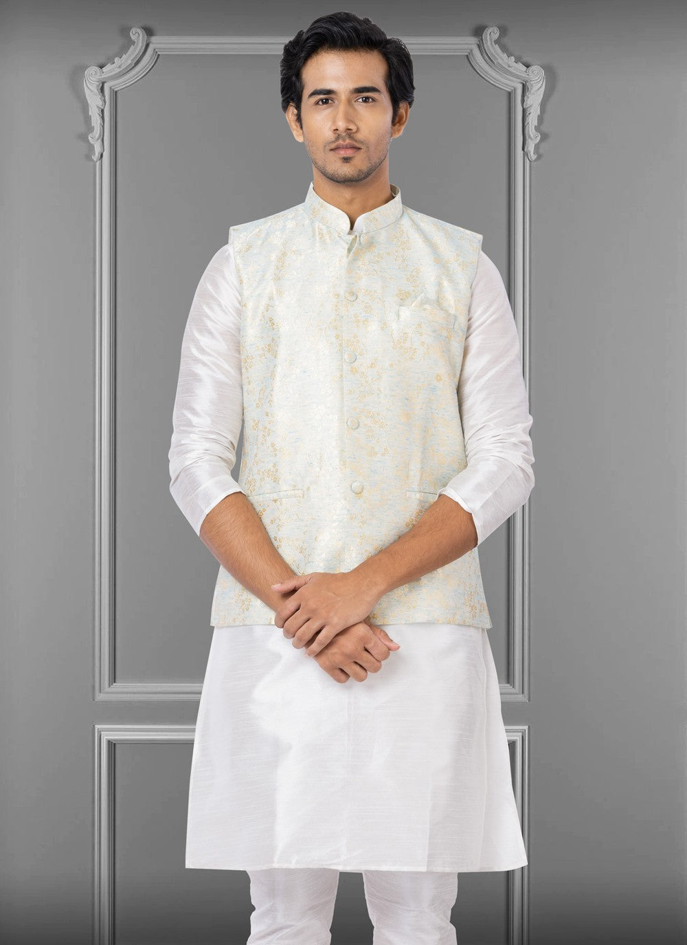 Embroidered Linen, Silk Off White Nehru Jackets - M3811