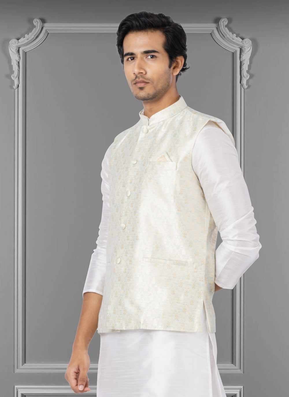 Embroidered Linen, Silk Off White Nehru Jackets - M3809