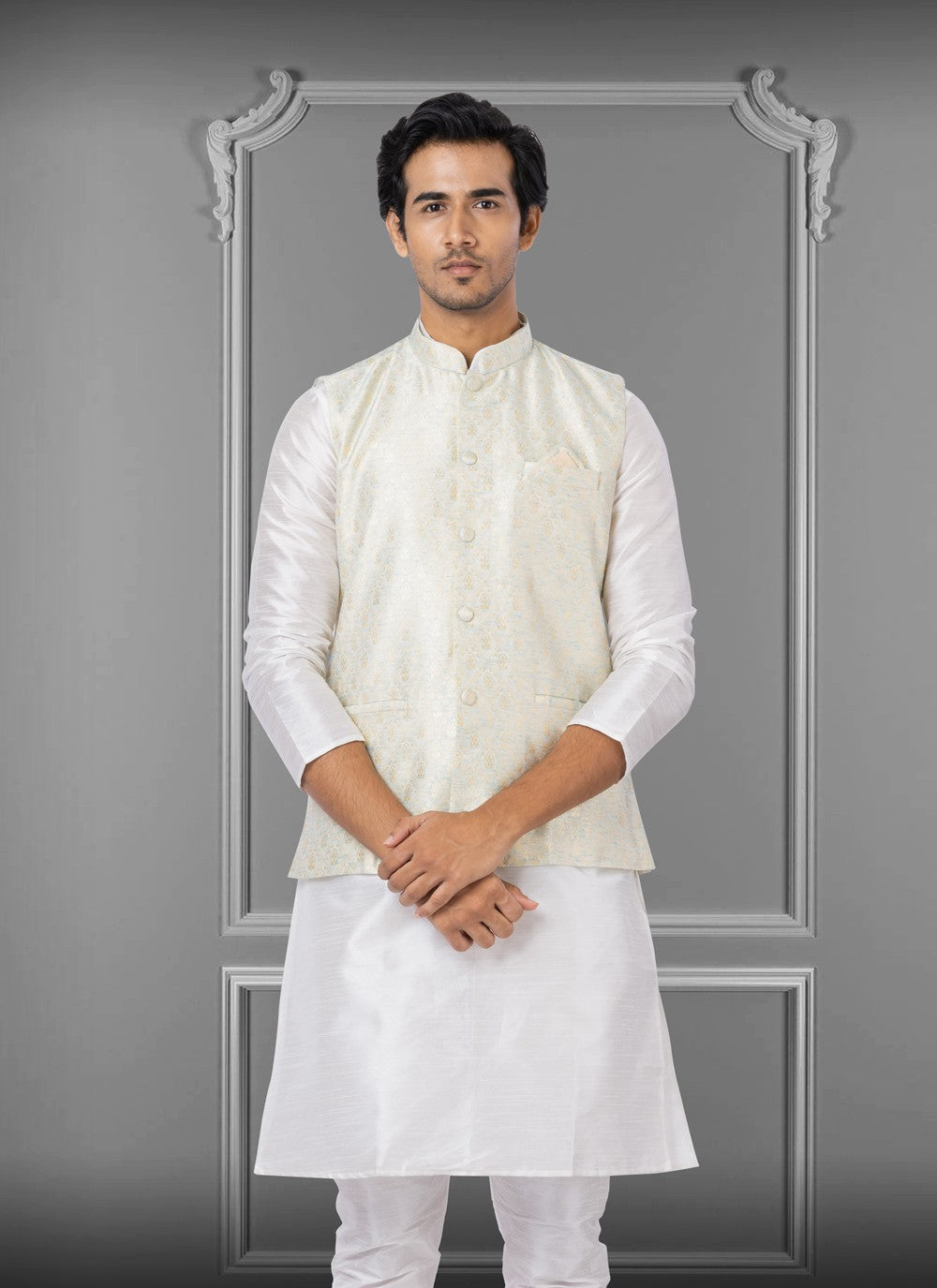 Embroidered Linen, Silk Off White Nehru Jackets - M3809