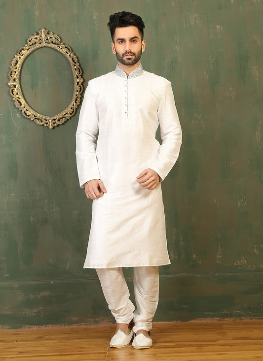 Embroidered Art Dupion Silk Off White Kurta Pyjama - M3289