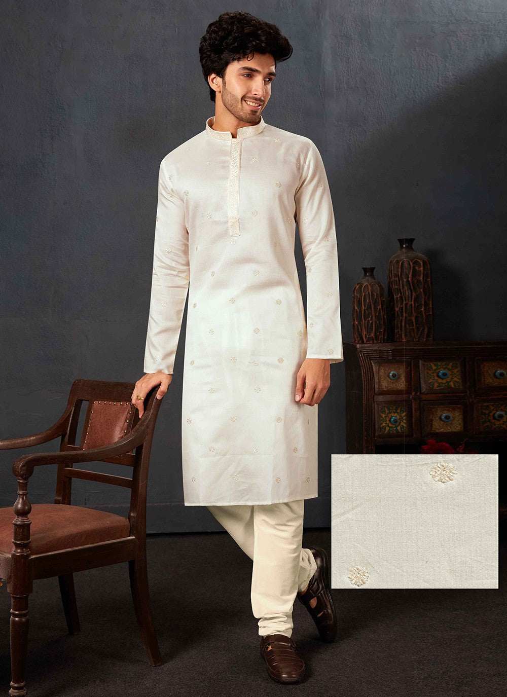 Embroidered Cotton Off White Kurta Pyjama - M6846