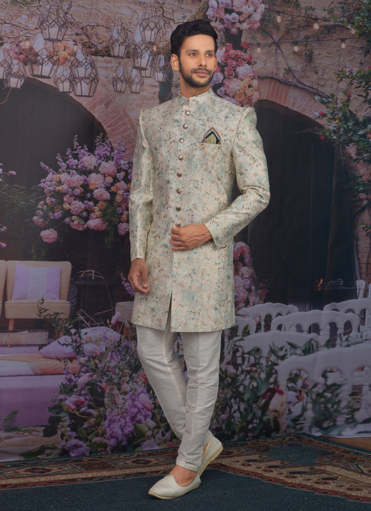 Embroidered Banarasi Silk Off White Sherwani - M3295